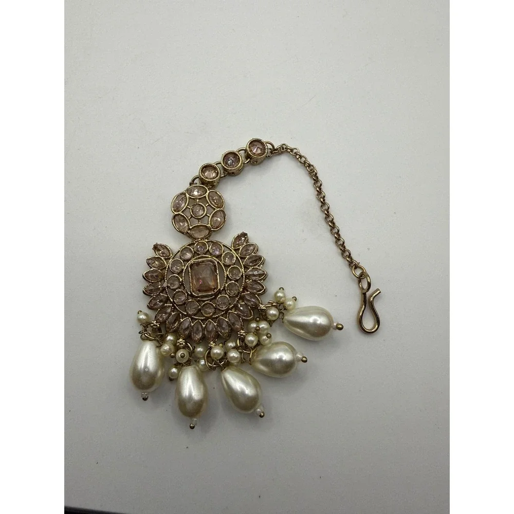 Gold‎ Tone Maang Tikka Indian Hair Jewelry Champagne Rhinestone Faux Pearl